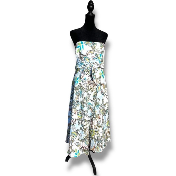 White House Black Market Spring-y White Strapless Blue/Brown Floral Midi Dress - Picture 3 of 16